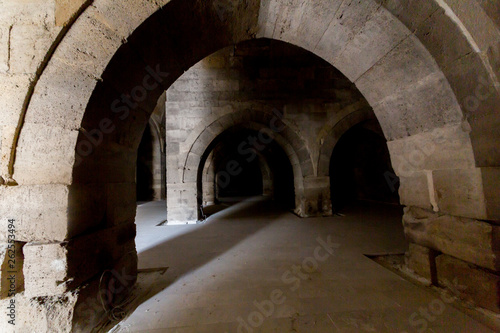 Arches and columns in Sultanhani caravansary on Silk Road.