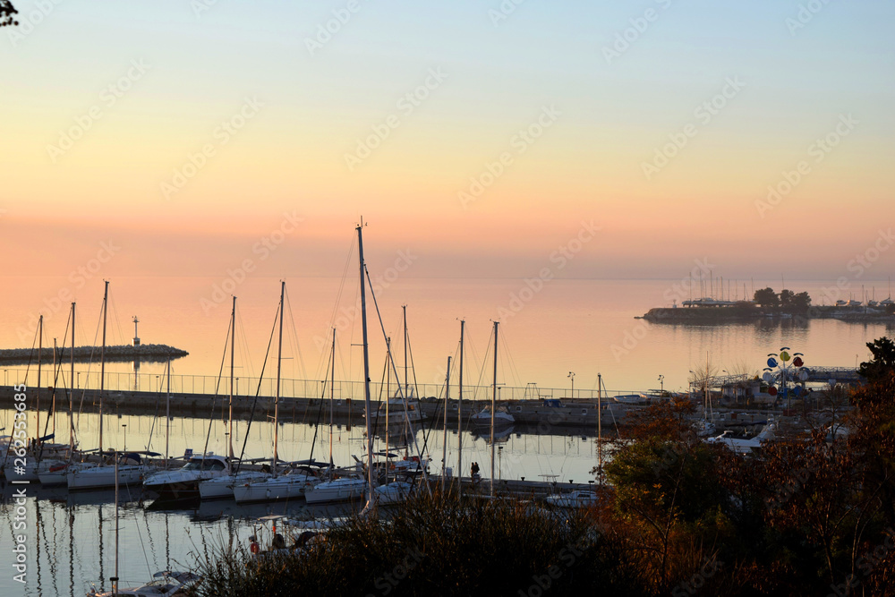 Sunset at the marina of Nea Krini, Kalamaria district, Thessaloniki, Greece. 