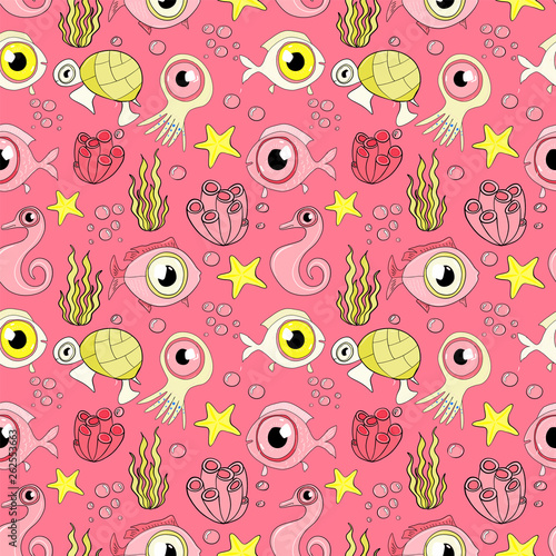Drawn pattern with underwater inhabitants of the ocean. Art cartoon illustration
