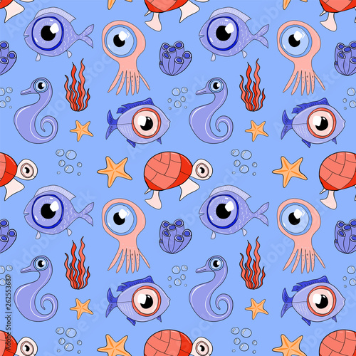 Drawn pattern with underwater inhabitants of the ocean. Art cartoon illustration