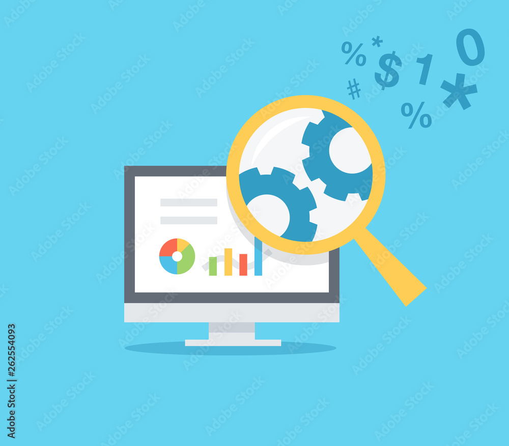 Data analysis and financial research simple flat symbol with computer and magnifier. Easy to use for your website or presentation. Data analysis and financial research simple flat symbol with computer and magnifier. Easy to use for your website or presentation.