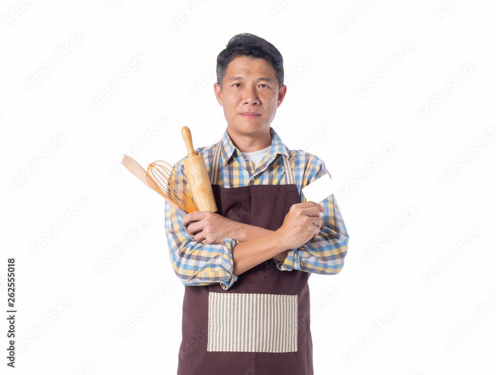 asian cook man with kitchen accessories isolate white background asian cook man with kitchen accessories isolate white background