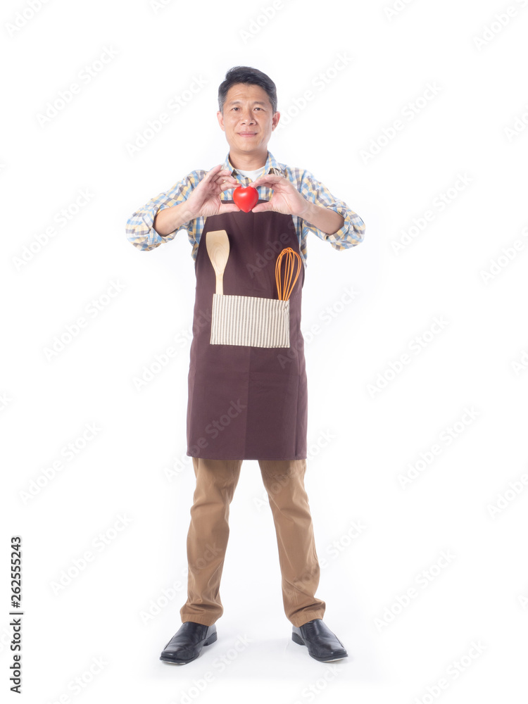 asian cook man with kitchen accessories isolate white background asian cook man with kitchen accessories isolate white background