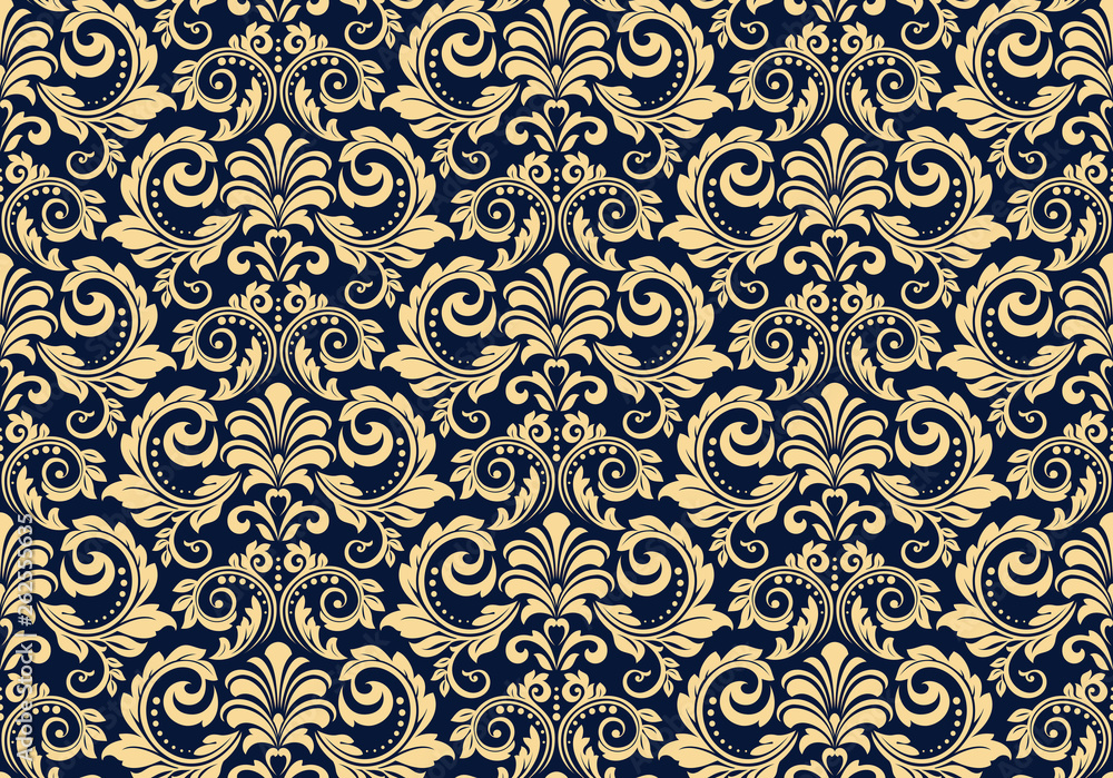 Wallpaper in the style of Baroque. Seamless vector background. Dark blue and gold floral ornament. Graphic pattern for fabric, wallpaper, packaging. Ornate Damask flower ornament