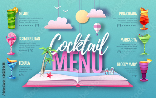 Cocktail menu design. Cut out paper art style design. Origami
