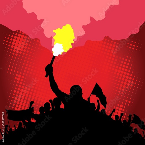 marching crowd with flare and flags