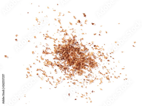 pile cinnamon powder isolated on white background, with top view