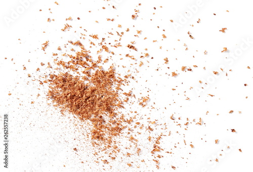 pile cinnamon powder isolated on white background, with top view