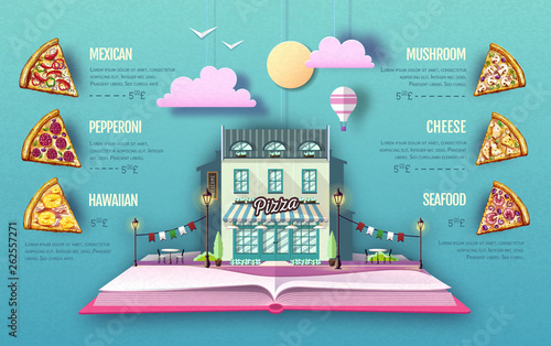 Pizza menu design. Cut out paper art style design. Origami