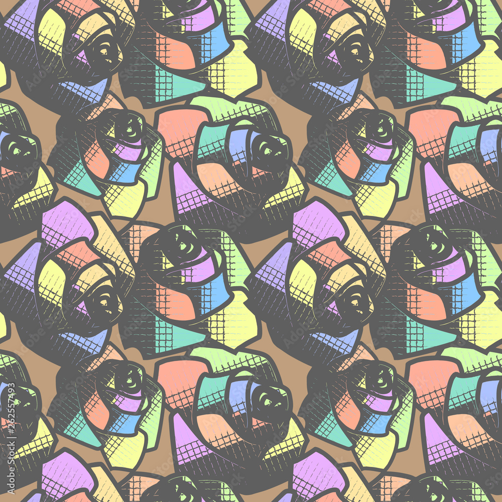 Fototapeta premium Seamless geometric abstract colored pattern with roses. Vector clipart.