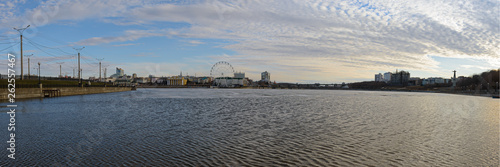 April 14, 2019: Cheboksary Bay with buildings and monuments on a spring evening. Cheboksary. Russia. © alexnikit