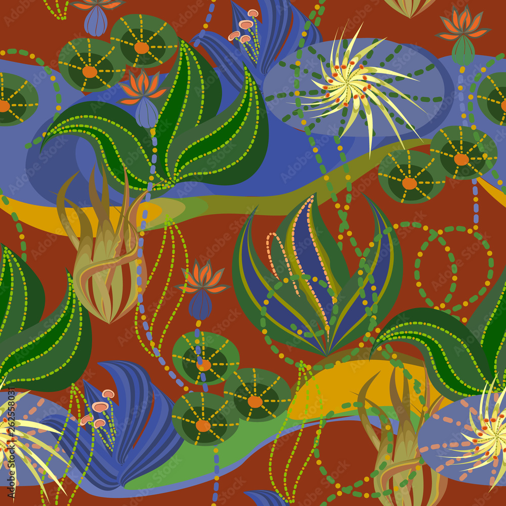 Seamless colored tropical exotic pattern with flowers and algae . Tropical exotic picture. Vector clipart. 