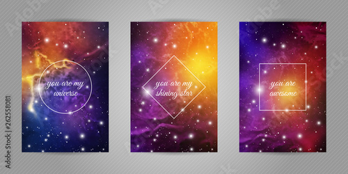 Set of romantic postcards for beloved with space and stars background and love quotes
