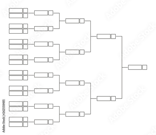 Vector black line or outline championship single elimination tournament bracket with fields for sixteen 16 players or teams. Tree diagram isolated on a white background. It’s suitable for all sports.