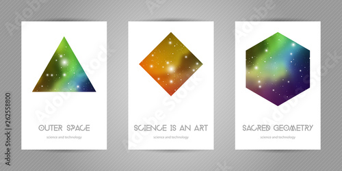 Scientific 4x6 postcards with copy space. Hipster geometry shapes with space texture. Vector design for music albums, posters, flyers, mobile applications or corporate identity.