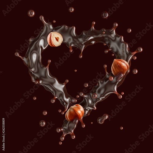 Dripping melted dark chocolate or chocolate syrup in the form of heart with haselnuts, isolated. Chocolate drops and nuts liquid design element. Valentine day concept. 3D render photo