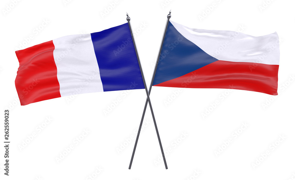 France and Czech Republic, two crossed flags isolated on white background. 3d image