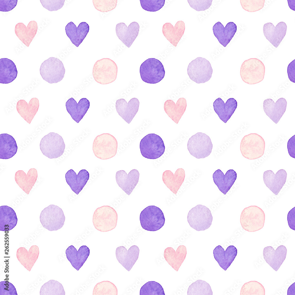 watercolor simple seamless background with polka dots and hearts in purple colors