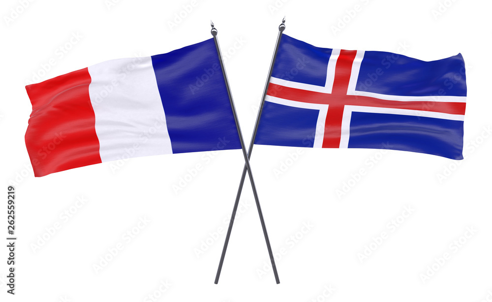 France and Iceland, two crossed flags isolated on white background. 3d image