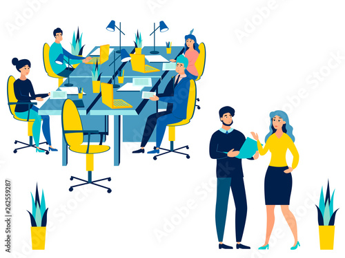 Team work conference meeting. Business talking isolated on white background. Flat style. Cartoon vector