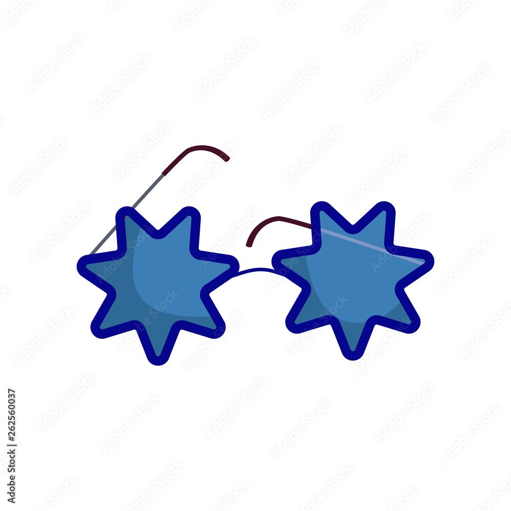 Cool childish sunglasses. Blue summer eyewear with star shaped frame and thin temples Vector illustration can be used for topics like vacation, fashion, trendy Cool childish sunglasses. Blue summer eyewear with star shaped frame and thin temples Vector illustration can be used for topics like vacation, fashion, trendy