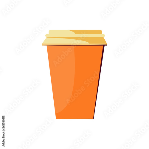 Orange paper disposable cup with plastic lid. Hot takeaway drink. Takeaway cups concept. Vector illustration can be used for topics like beverage, fast food, coffee to go, plastic