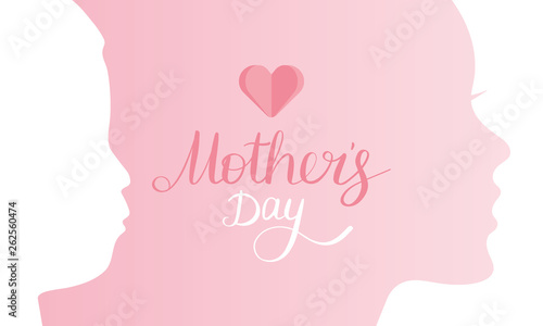 Happy Mother’s day. Poster with handwritten lettering and heart. Silhouette of a women and child face. International holiday. Ink brush calligraphy. Poster, card, banner, design element. Vector illust © scoutori