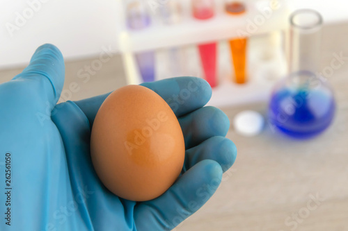 egg in the hand of the laboratory assistant against the background of laboratory equipment with preparations for analysis
