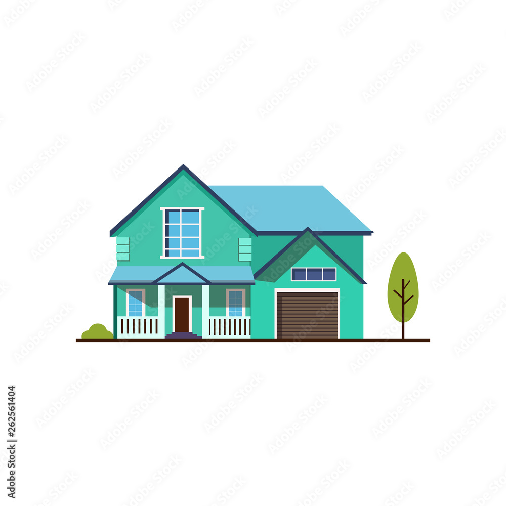 Green house with garage vector illustration. Home, countryside, country mansion. Suburban houses concept. Vector illustration can be used for topics like architecture, construction, building