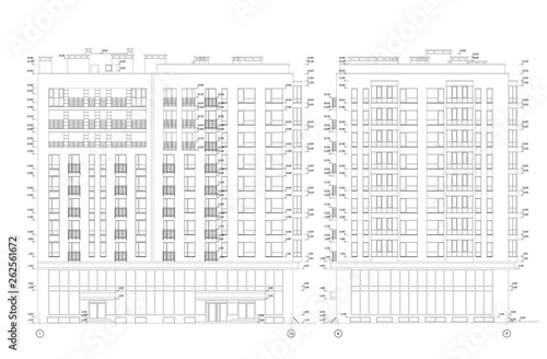 Multistory building section, detailed architectural technical drawing, vector blueprint