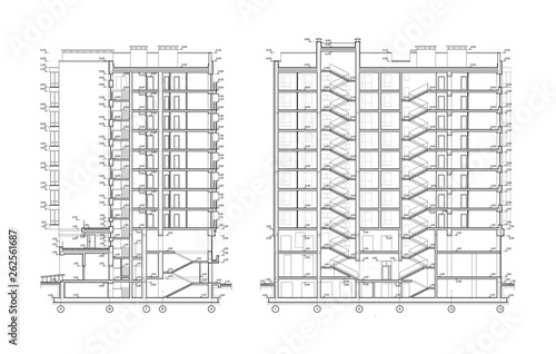 Multistory building section, detailed architectural technical drawing, vector blueprint