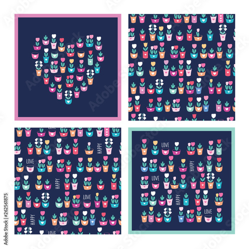 Happy mothers day cards and patterns. Hearts of the cute flowers. Floral elements for gift wrap, textile, wallpapers, and scrapbook. Vector.