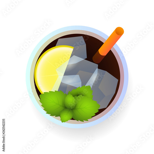 Mojito cocktail. Lemonade, ice tea, ice cube, straw, mint, lemon. Beach concept Realistic vector illustration can be used for bar menu, summer party, refreshment