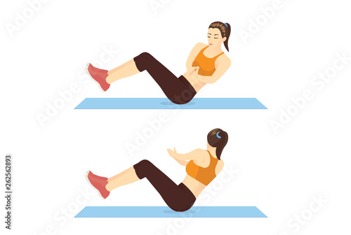 Woman doing Russian twist exercise in 2 step guide on mat. Illustration about workout position which targets the abdominals.