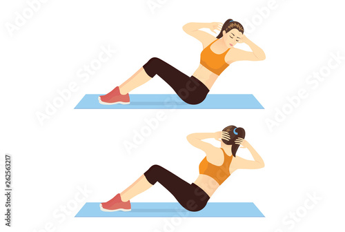 Woman doing Russian twist exercise in 2 step for guide on mat. Illustration about fitness for flat Abdominal.