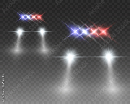 Realistic white glow round beams of car headlights, isolated on transparent background. Police car. Light from headlights. Police patrol.
