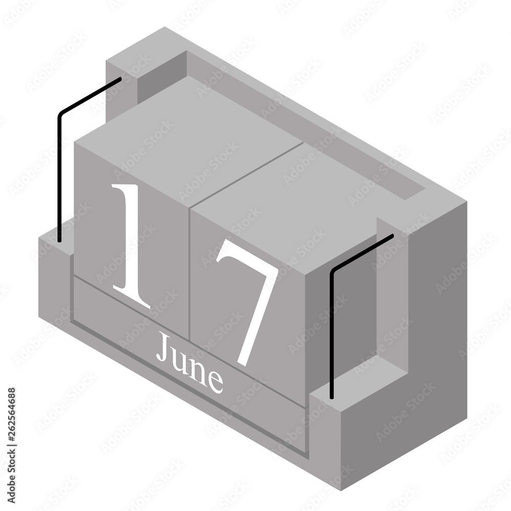 June 17th date on a single day calendar. Gray wood block calendar present date 17 and month June isolated on white background. Holiday. Season. Vector isometric illustration June 17th date on a single day calendar. Gray wood block calendar present date 17 and month June isolated on white background. Holiday. Season. Vector isometric illustration