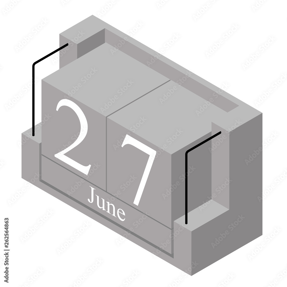 June 27th date on a single day calendar. Gray wood block calendar present date 27 and month June isolated on white background. Holiday. Season. Vector isometric illustration June 27th date on a single day calendar. Gray wood block calendar present date 27 and month June isolated on white background. Holiday. Season. Vector isometric illustration