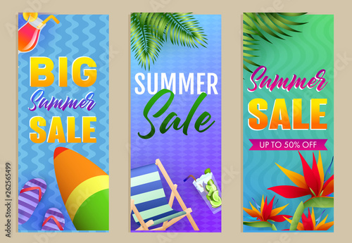 Big Summer Sale letterings set, chaise longue and surfboard. Tourism, summer offer or shopping design. Handwritten and typed text, calligraphy. For brochures, invitations, posters or banners.
