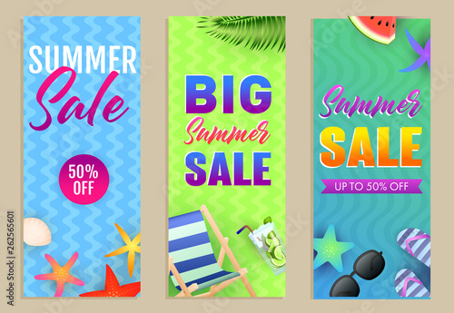 Big Summer Sale letterings set, starfish and flip flops. Tourism, summer offer or shopping design. Handwritten and typed text, calligraphy. For leaflets, invitations, posters or banners.