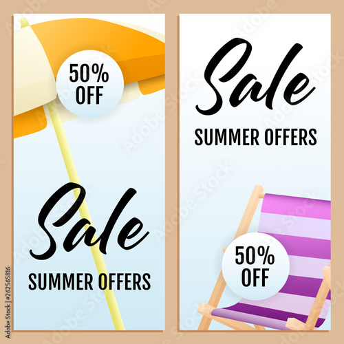 Sale Summer Offers letterings set, chaise longue and umbrella. Tourism, summer offer or shopping design. Handwritten and typed text, calligraphy. For brochures, invitations, posters or banners.