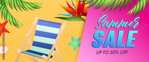 Summer Sale lettering, chaise longue, tropical flowers and starfish. Tourism, summer offer or shopping design. Handwritten and typed text, calligraphy. For leaflets, invitations, posters or banners.