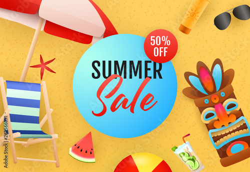 Summer Sale lettering, chaise longue, umbrella and tribal mask. Tourism, summer offer or shopping design. Handwritten and typed text, calligraphy. For leaflets, invitations, posters or banners.
