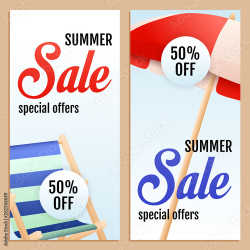 Summer Sale letterings set with umbrella and chaise longue. Tourism, summer offer or shopping design. Handwritten and typed text, calligraphy. For leaflets, invitations, posters or banners.