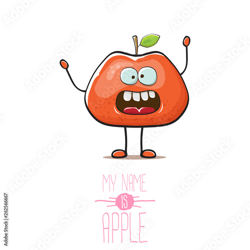 vector funny cartoon cute red apple character isolated on white background. My name is apple vector concept. super funky fruit summer food character