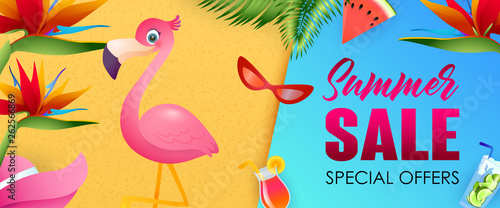 Summer Sale, Special Offers lettering with cute flamingo. Tourism, summer offer or shopping design. Handwritten and typed text, calligraphy. For leaflets, invitations, posters or banners.