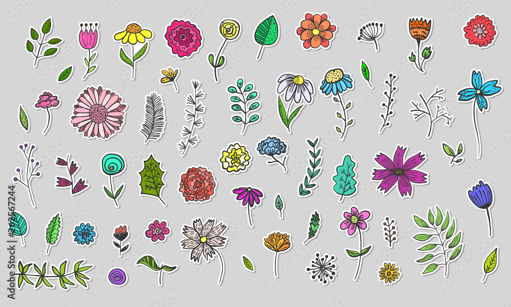 Vecteur Stock Set of Cute Hand Drawn Colorful Flowers and Herbs stickers,  Plants with Black Outline. Big Vector Collection of Floral Graphic Labels  for Pattern Design, Greeting Card Decoration, Logo | Adobe