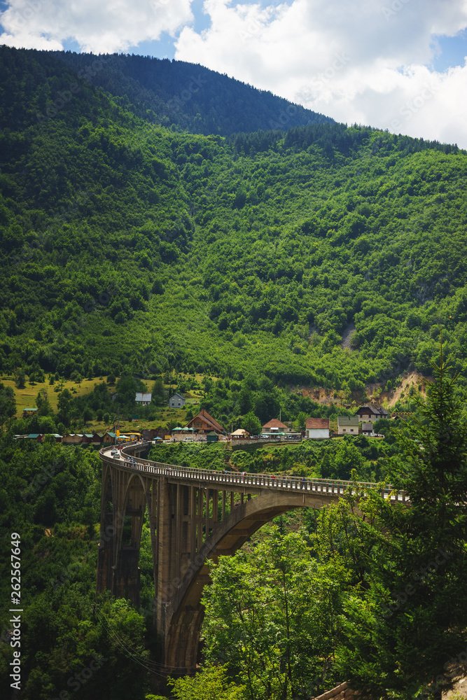 Famous arched concrete bridge in Montenegro - Dzhurdzhevicha Bridge on the river Tara. River canyon. 
