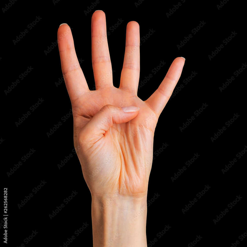 Fototapeta premium Female hand showing four fingers and palm