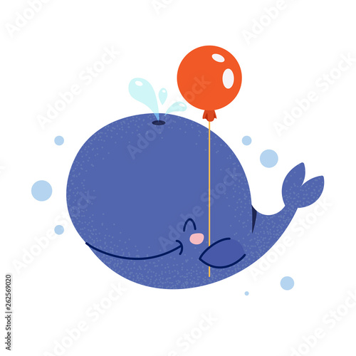 Cute little blue whale smiling and holding fins red balloon. Blue baby whale is going to a birthday party. Flat hand drawn illustration kid's poster. Cartoon animal character set. Child theme.